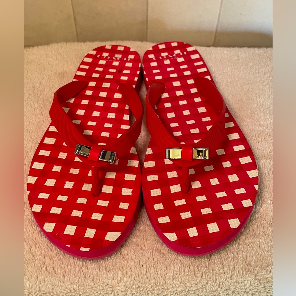 Coach Red and White Gingham Flip Flop Sandals
